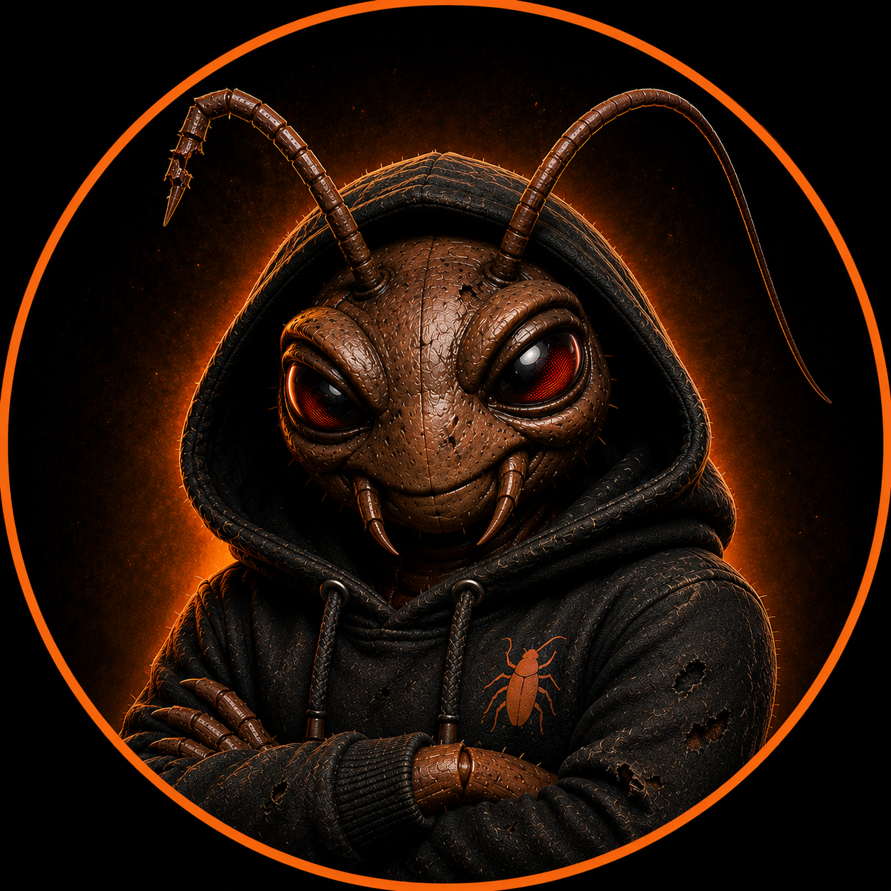 Cocky, the official mascot of THE SWARM — a resilient hooded cockroach with a broken antenna