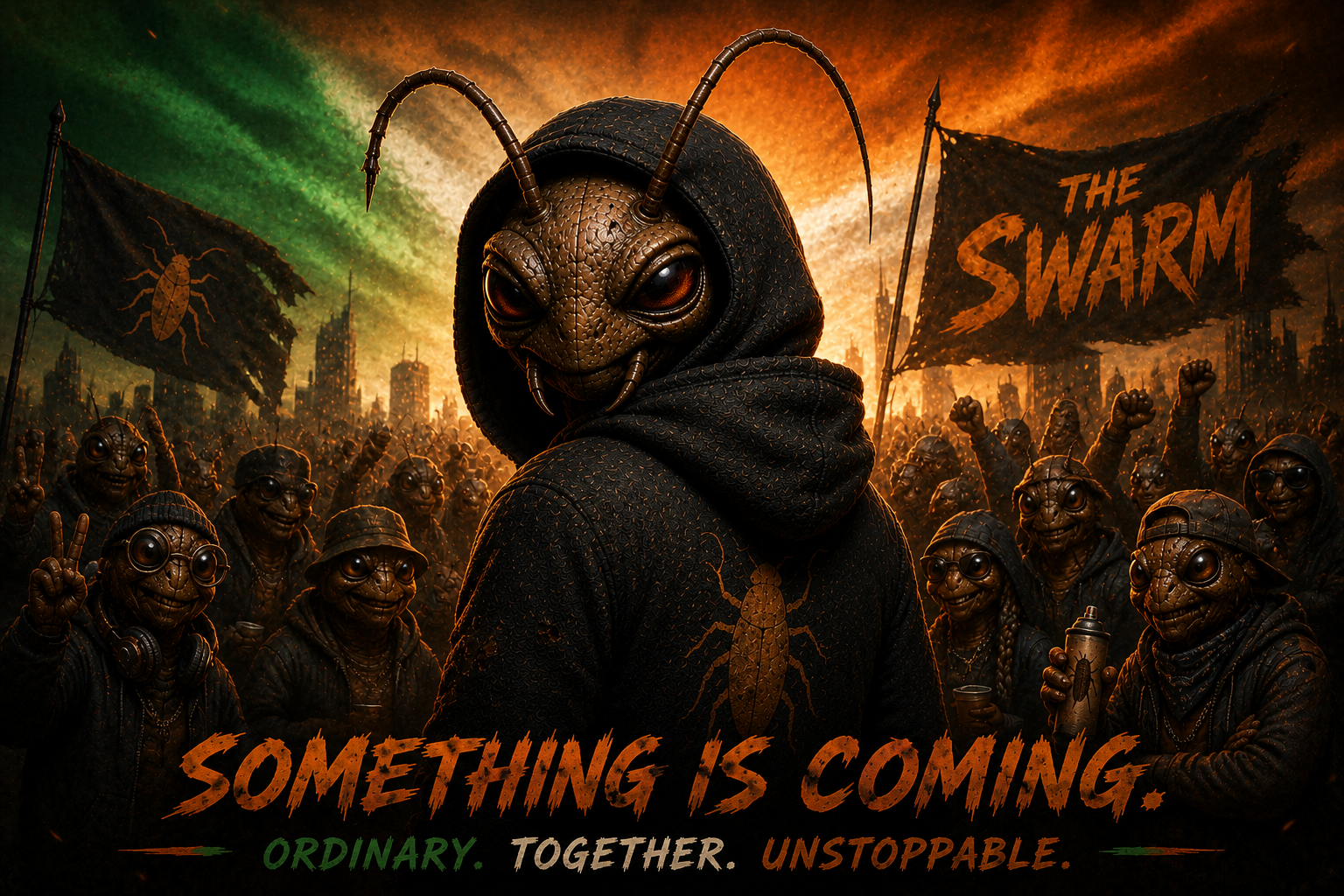 The Swarm rising — Cocky leading a crowd of hooded members beneath cinematic orange and green skies